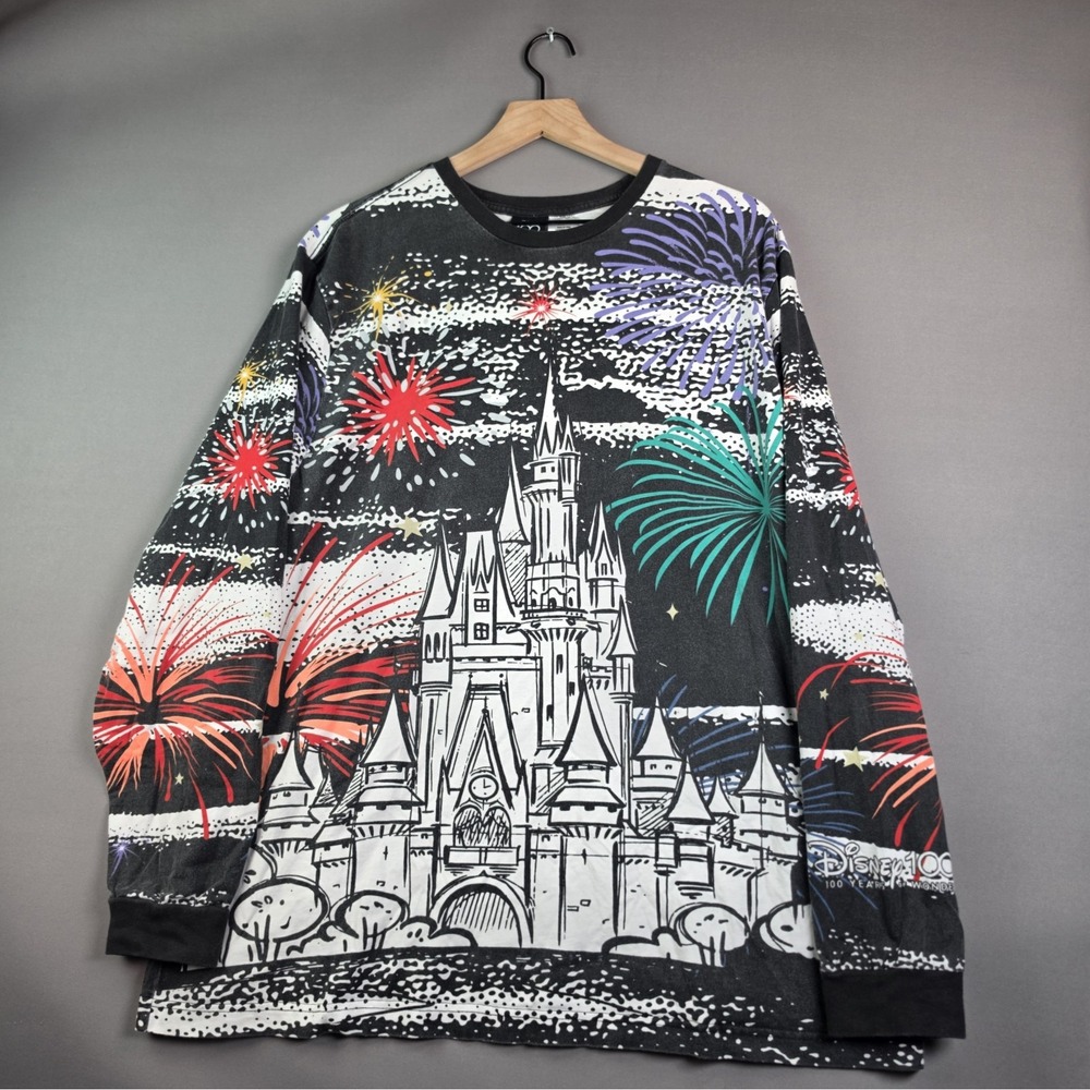 Walt Disney World Disney 100 Castle Fireworks All Over Print Long Sleeve Tee XXL